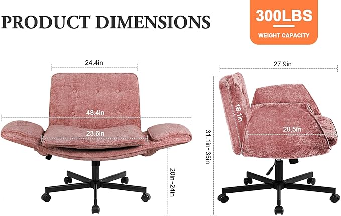 Criss Cross Chair with Wheels & Arms, Chenille Cross Legged Office Chair with 5-level Folding Armrest, Comfortable Adjustable Swivel Vanity Chair for Home, Make Up, Bed Room, Office, Accent (Pink)