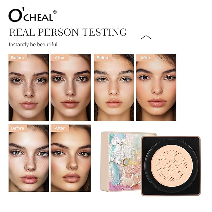 O'CHEAL Mushroom Head Air Cushion CC Cream,BB Cream Foundation Cream for Face Makeup Concealer Cushion for Face Comestics Make Up Long-Lasting Cushion Compact 01 IVROY