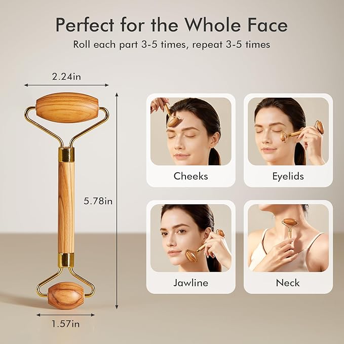 CHOSIN Face Roller Massage Tool, Facial Roller Tool for Lymphatic Drainage - Wrinkles, Lifting & Puffy Eyes for Women Men Self Care Gift (Olive Wood)