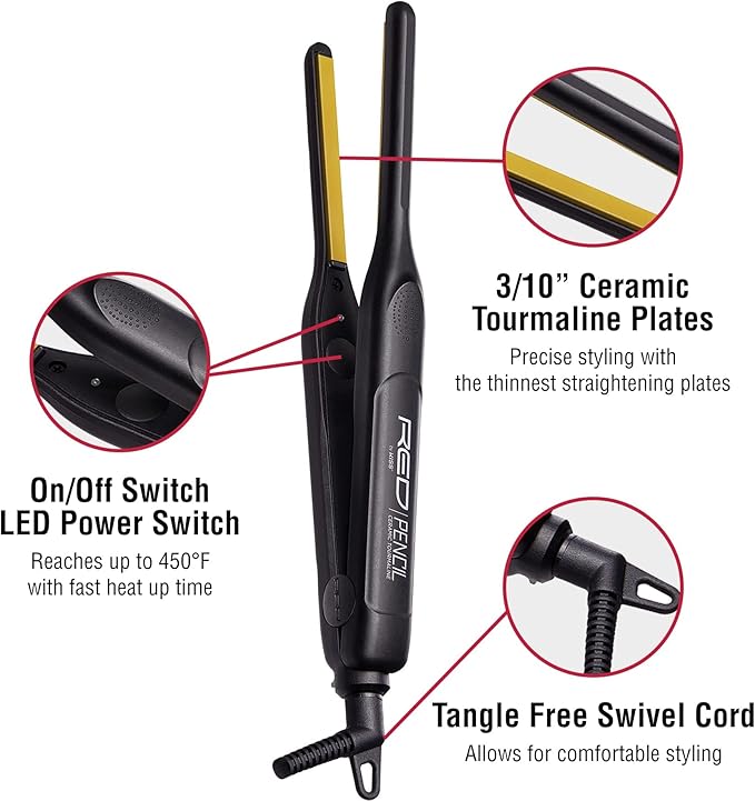 Kiss Red by Pencil Flat Iron Hair Straightener, 0.3 Inch, Ceramic