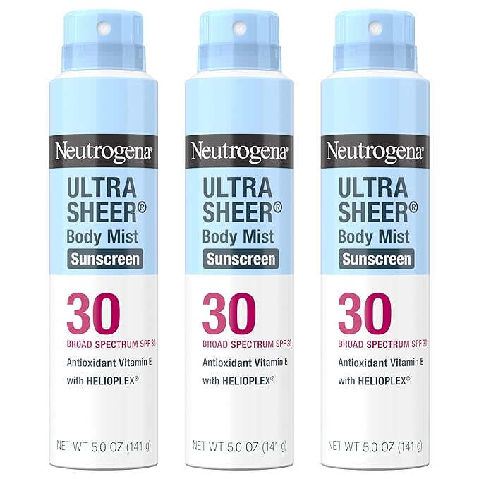 Neutrogena Ultra Sheer Body Mist Sunscreen Spray, Broad Spectrum SPF 30, Oil-Free & Non-Comedogenic UVA/UVB, 5 oz Pack of 3, Packaging may vary