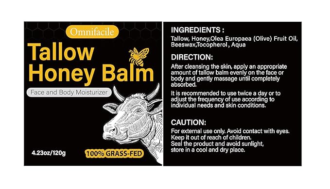 Beef Tallow for Skin,Face,Body - Handmade Whipped Tallow Face Moisturizer& Tallow Balm with 100% Grass-Fed Beef Tallow & Raw Honey,Narural Organic Tallow and honey balm for Men&Women,Unscented,4.23OZ