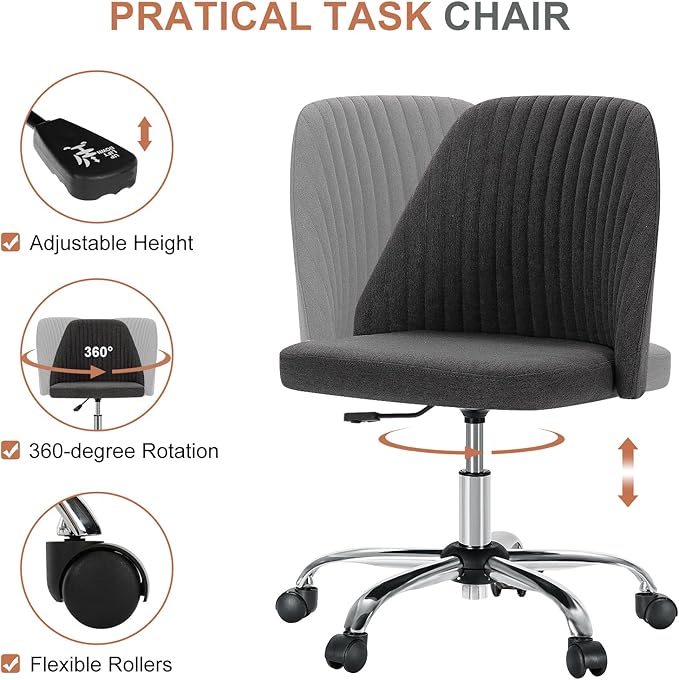 DUMOS Office Chair, Comfy Desk Chair Rolling Vanity Swivel Task Chairs with Wheels, Wide Seating Armless Height Adjustable Computer Chairs for Home,Bedroom,Student,Adults, Gunmetal Gray