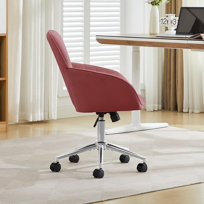 YITAI Velvet Office Desk Armchairs with Silver Base and Wheels,Modern Height Adjustable 360 Degree Swivel Upholstered Vanity Chairs for Living/Room Bedroom/Study,Rose