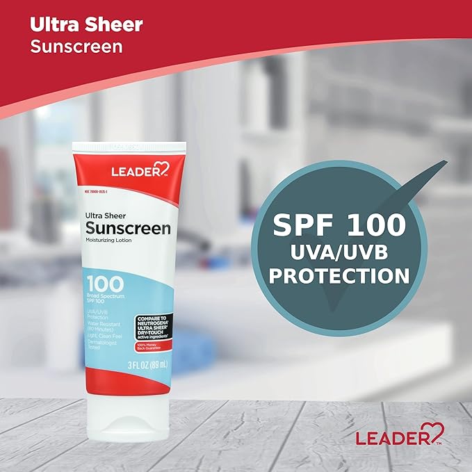 LEADER Travel Sunscreen SPF 100+, Ultra Sheer Dry-Touch Water Resistant and Non-Greasy Lotion with Broad Spectrum SPF 100+, 3 Fl Oz (3 Pack)