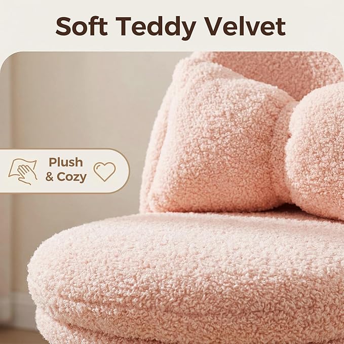 GTPOFFICE Vanity Chair with Back, Adjustable Tall Office Chair High Swivel Bar Stools Fluffy Cute Desk Chair Comfy with Wheels Bow Pillow Armlees for Adults Standing Desk Bar, Soft Velvet, Pink