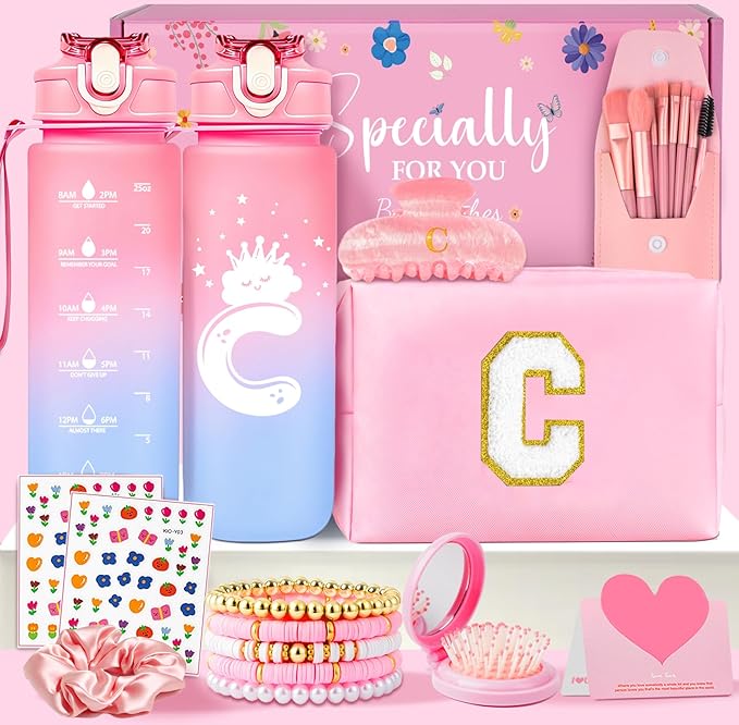Initial Makeup Bag - Birthday Gifts for Girls 4 5 6 7 8 9 10 11 12 Year Old Teen Girls, Personalized Teen Girl Gifts - Preppy Cosmetic Bags Cute claw clips for Kids Women (Pink C)