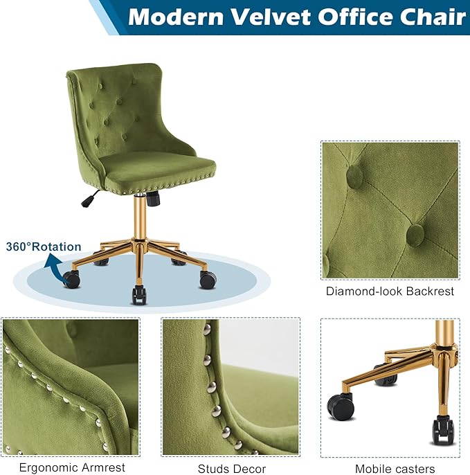 VINGLI Olive Green Velvet Armless Office Desk Chair with Gold Base/Wheels, Small Cute Vanity/Makeup Chair with Back for Bedroom, Upholstered Adjustable Rolling Swivel Nail Chair for Women/Girls