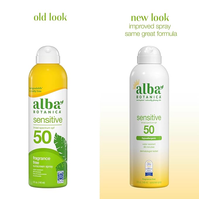 Alba Botanica Sensitive Sunscreen Spray for Face and Body, Fragrance-Free, Broad Spectrum SPF 50, Water Resistant, 5 fl. oz. Bottle