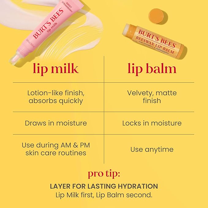 Burt’s Bees Lip Milk, Daily Lip Moisturizer, Sweet Strawberry, Vitamin Enriched Moisturizing Lip Balm with Almond Milk and Jojoba Oil, Hydrating for Softer Lips, 1 Tube, 0.34 Fl Oz