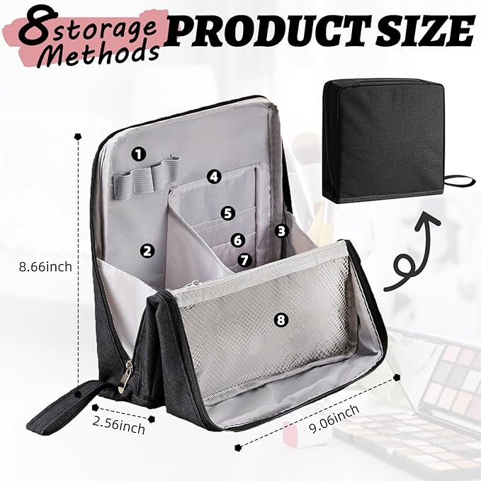 Standing Makeup Bag Organizer with 6 Brush Guards, Large Portable Makeup Organizer Bag for Travel, Stand Up Cosmetic Case with Brush Protectors (Off-White)
