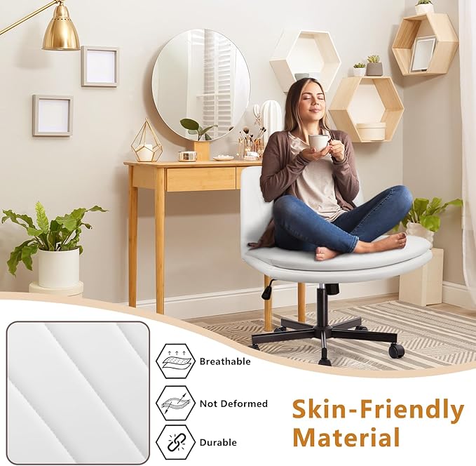 Criss Cross Chair, PU Leather Vanity Chair with Wheels, Armless Cross Legged Home Office Chair, Wide Seat Swivel Criss Cross Desk Chair, Height Adjustable Vanity Chair with Back, White