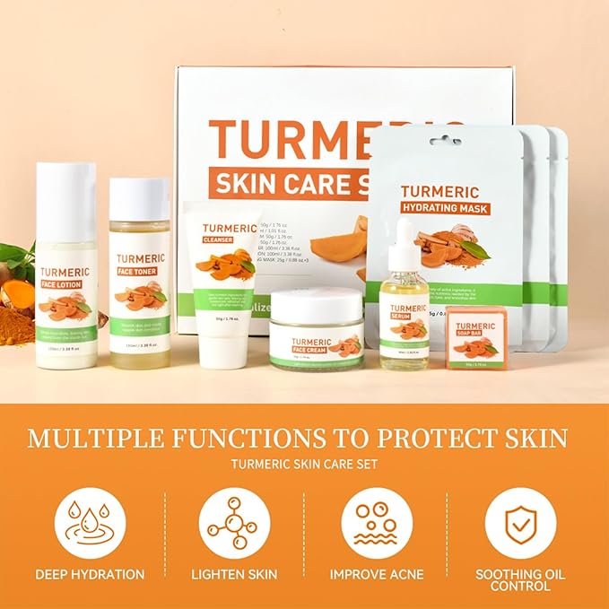 Turmeric Skin Care Set, 9 Pcs Turmeric Skin Care Kit with 3 Sheet Masks, Soap Bar, Face Wash, Toner, Serum, Face Moisturizer Cream, Face Lotion, Reduce Acne, Christmas Gifts for Women Girls