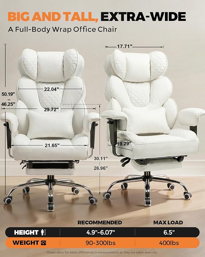 COMHOMA Big and Tall Office Chair with Upgrade Footrest, Heavy Duty Gaming Chair High Back Executive Chair with Spring Lumbar Support for Lower Back Pain Relief, 150°Reclining Adjustable Armrests