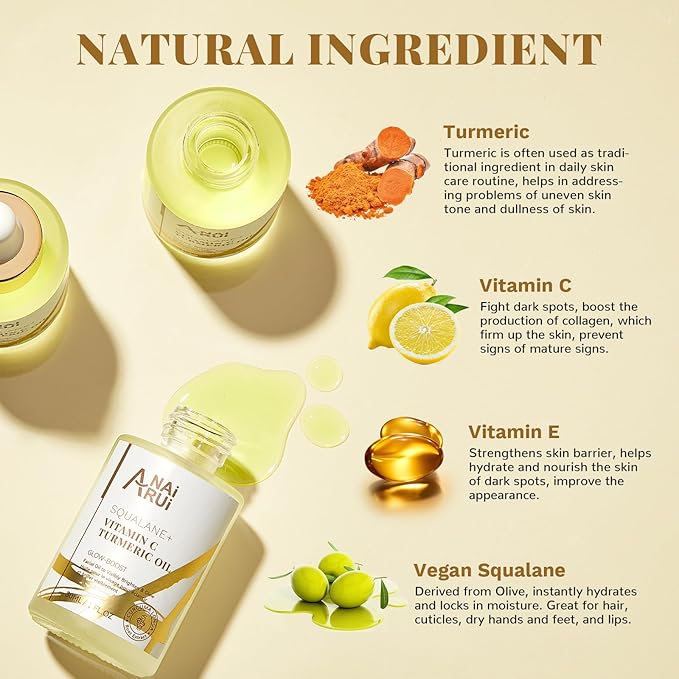ANAI RUI Squalane Vitamin C Turmeric Facial Oil Moisturizer for Face, Hydrates, Firms Skin, 1fl.Oz.