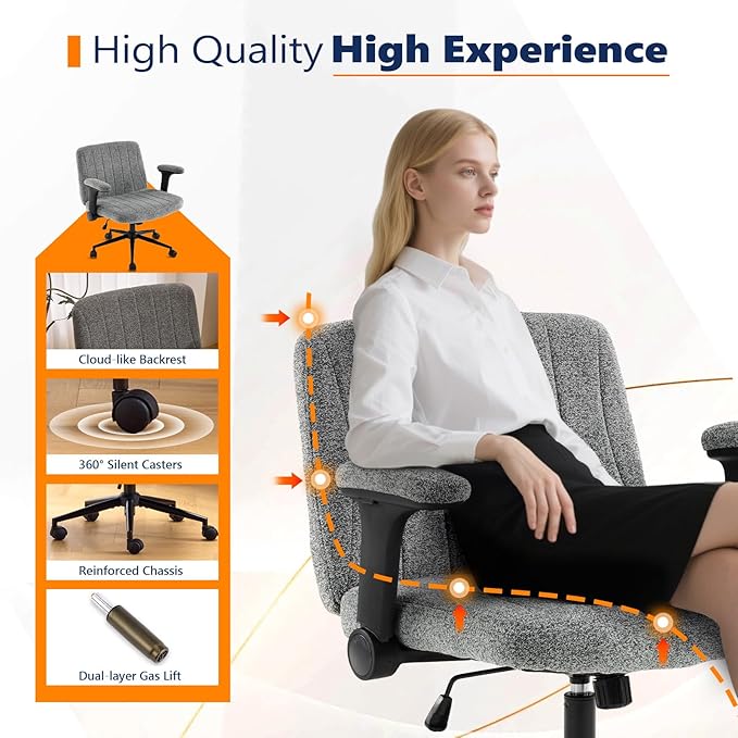 VINGLI Criss Cross Chair with Adjustable Flip-Up Arms,Cross Legged Chair with Wheels, Extra Wide Office Chair,Cozy Desk Chair for Home Office, Vanity, Apartment,Chenille Velvet,Grey