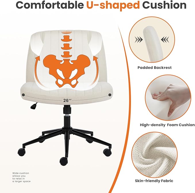 Sweetcrispy Criss Cross Chair Legged with Wheel, Armless Office Swivel Desk Chair with Wheel, Vanity Height Adjustable Wide Seat Comfy Cute Computer Task Seating for Home Bedroom