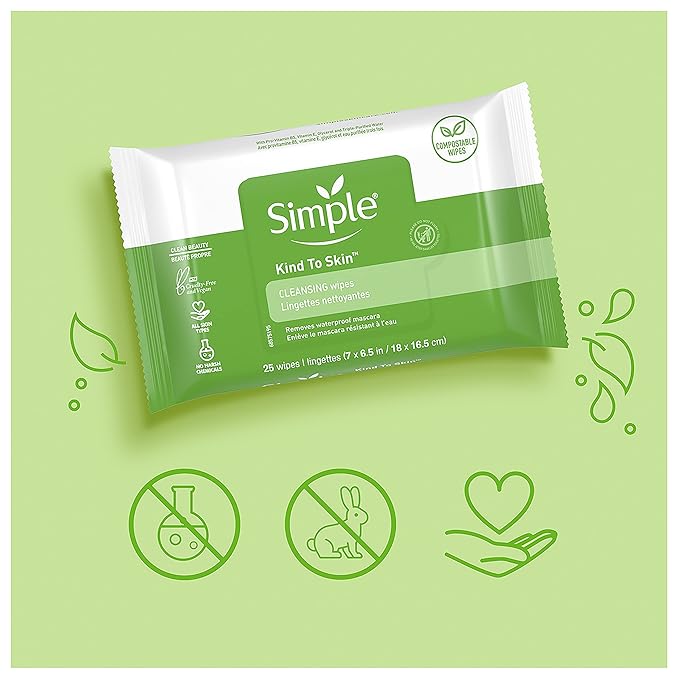 Simple Kind to Skin Facial Wipes Gentle and Effective Makeup Remover Cleansing Free from color and dye artificial perfume and harsh chemicals 25 Wipes (Pack of 3)
