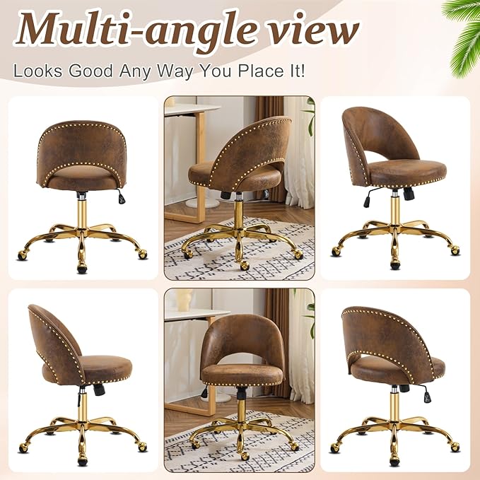 VINGLI Modern Velvet Small Office Chair,Cute Desk Chair with Wheels,Gold Base/Studs, Comfy Armless Swivel Vanity Task Chair for Women/Girl/Kids, Nail Tech Chair for Bedroom,Small Space,Rustic