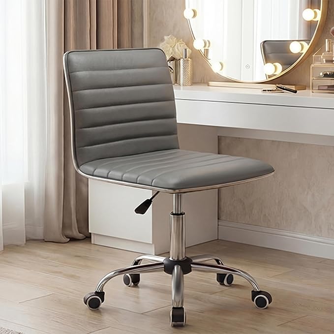 Furmax Vanity Office Desk Chair with Wheels, Armless Small Cute Leather Makeup Computer Task Chair Adjustable Height 360° Swivel (Grey)
