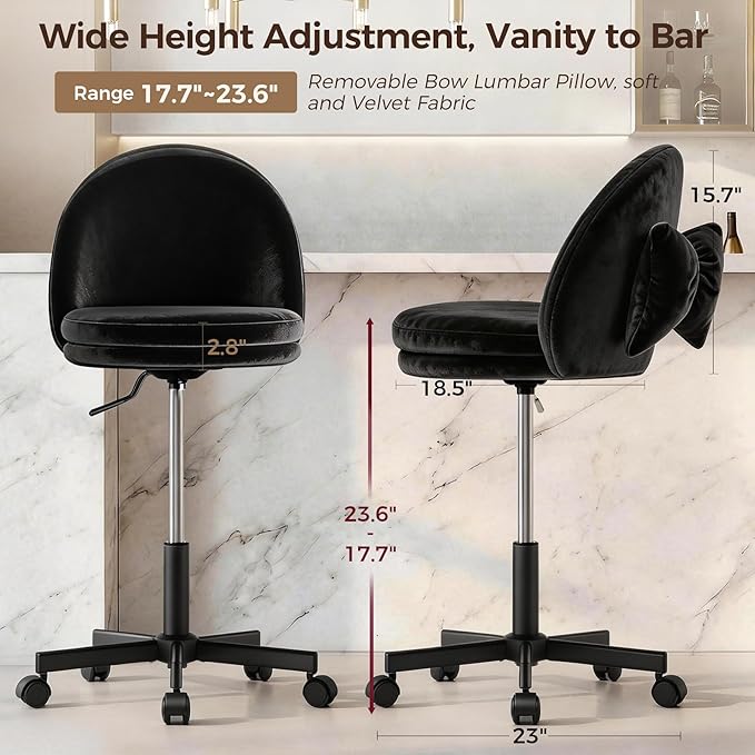 GTPOFFICE Vanity Chair with Back, Adjustable Tall Office Chair High Swivel Bar Stools Fluffy Cute Desk Chair Comfy with Wheels Bow Pillow Armlees for Adults Standing Desk Bar, Soft Velvet, Black