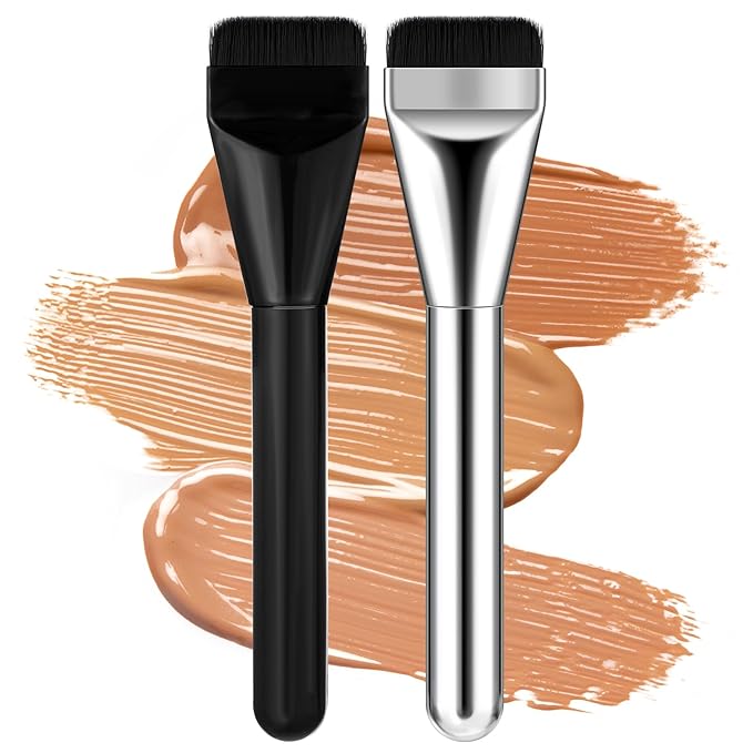 2 Pcs Foundation Brush Tapping Korean Flat Brush Spatula Flat Top Facial Brushes for Liquid Foundations Mask Premium Face Brushes for Blending Cream (Black Silver)