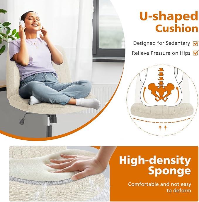 Sweetcrispy Criss Cross Chair Legged, Armless Office Swivel Desk Chair No Wheels, Vanity Height Adjustable Wide Seat Comfy Cute Computer Task Seating for Home Bedroom