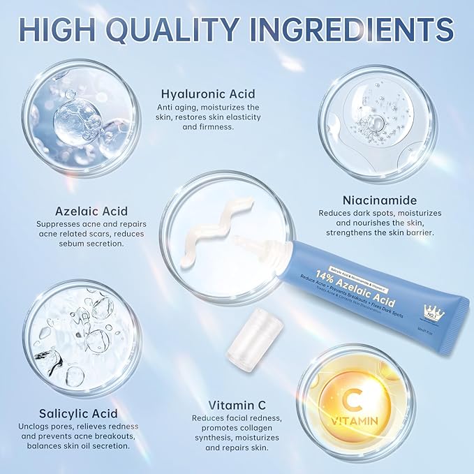 Azelaic Acid 14% Acne Cream for Redness Relief, Dark Spots, Facial Serum with Niacinamide & Vitamin C Prevent Acne Breakouts, Azelaic Acid Serum for Balance Excess Sebum & Soothe Irritation, 1 Oz.