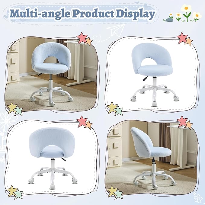 VINGLI Small Vanity Chair with Faux Fur Wheels for Girls,Cute Adjustable Height Armless Office Desk Chair,360°Swivel Comfy Rolling for Study,Make up Room,Small Space,Blue