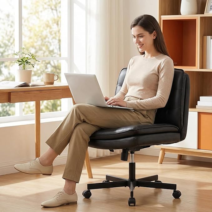 GTPLAYER Cross Legged Office Chair, Armless Desk Chair Cute Vanity Chair with Wheels Computer Chair Comfy Wide Office Chair Adjustable Swivel for Home Computer Task, Pu Light Black
