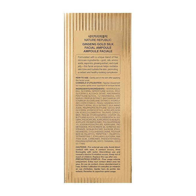 Nature Republic Ginseng Gold Silk Facial Ampoule, Hydrating Glow moisturizer for face, Niacinamide & Silk Amino Acid, Royal Jelly Extract, Korean Skin Care for All Skin Types 100 ml / 3.38 Fl. oz
