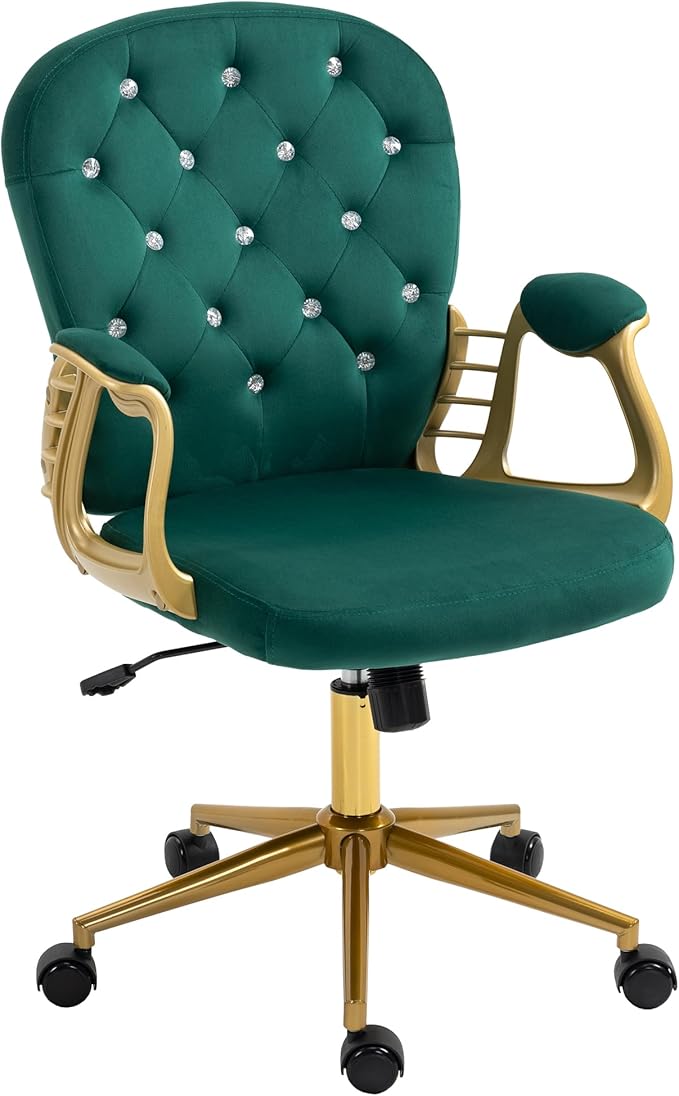 Velvet Office Chair Desk Chair with Gold Base, Comfortable Makeup Vanity Chair with Back and Wheels, Swivel Rolling Chair for Girls Women Study Bedroom, Green
