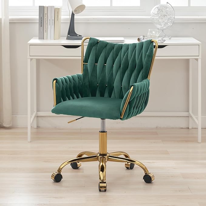 ABET Velvet Desk Chair with Wheels, Cute Upholstered Swivel Office Chair, Modern Gold Rolling Hand Woven Height Adjustable Armchair for Women Girls Home Makeup, Vanity, Nail Salon, Dark Green