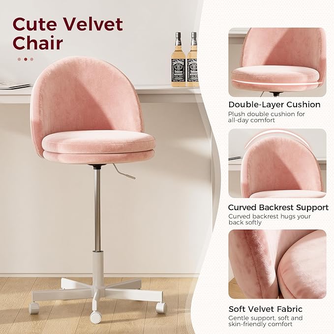 GTPLAYER Velvet Tall Office Chair with Wheels Vanity Chairs with Back, Versatile Height Use: Office to Bar Stools Small Ergonomic Comfy Armlees Computer Desk Chair with Bow Lumbar Pillow for Gift