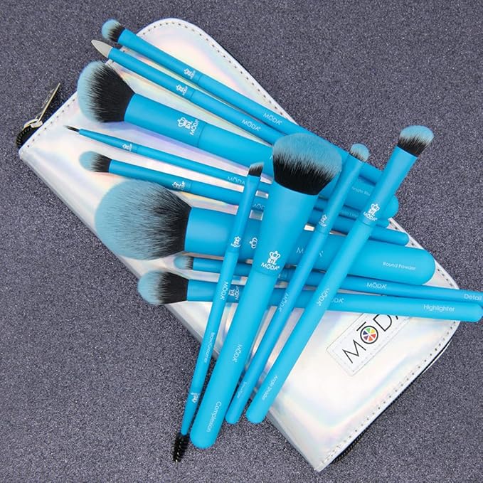 MODA Totally Electric Neon Blue Full Face Makeup Brush Kit – 13pc Vibrant Brush Set for Face & Eyes with Zip Case