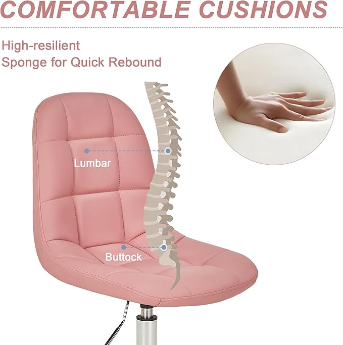 VECELO Stylish Height Adjustable Faux Leather Vanity Chair, Modern Swivel Makeup Chair with Rolling Wheels, Comfortable Padded Task Chair for Bedroom, Dressing Room & Home Office – Pink