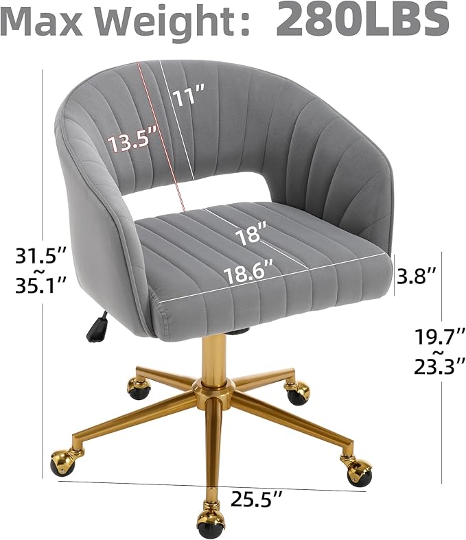 Westice Gray Home Office Desk Chairs, Modern Velvet Rolling Chair, Height Adjustable Swivel Vanity Chair with Golden Base, Ergonomic Chair for Study, Living Room Computer Room
