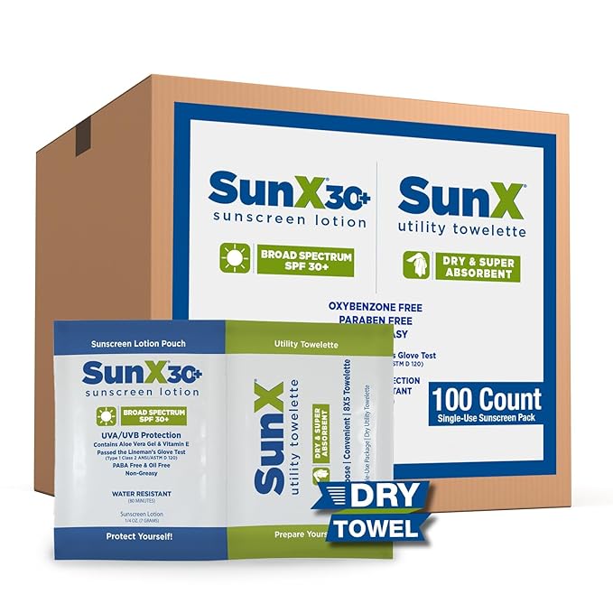 CoreTex Sun X 30+ Broad Spectrum Sunscreen Packets & Dry Towels Duo Kit - Pack of 100 Paraben, Oxybenzone, Octinoxate, & Oil Free Sunscreen - No White Cast and Water Resistant Up to 80 Minutes