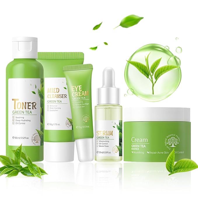 Green Tea Skin Care Set, Green Tea Skin Care for Teens 10-12, Gentle Moisturizing Face Care Kit with Cleanser, Toner, Serum, Eye Cream & Cream, Travel Size Facial Kit for Women Girls