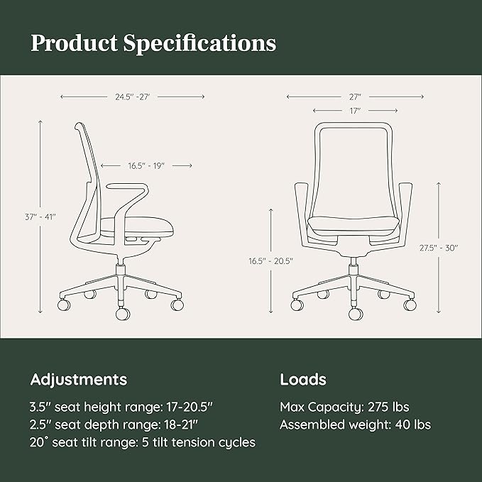 Branch Verve Chair - High Performance Executive Office Chair with Contoured Back and Adjustable Lumbar Support - High Density Foam Cushion and 3D Knit Back - Fits 5' to 6', Up to 275 lbs, Mist