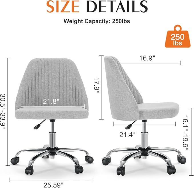 Sweetcrispy Armless Vanity Chair, Cute Comfy Home Office Desk Chair with Wheels, Modern Upholstered Task Computer Seat for Bedroom, Study, Makeup Vanity, Height Adjustable & Swivel, Classic Gray