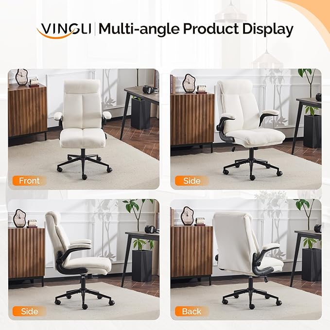 VINGLI Rolling Ergonomic Office Desk Chair with Padded Flip-up Arms, 360° Swivel High Back Executive Computer Task Chair with Wheels for Game，Home Small Space, Study Room, Reading Room, Linen White