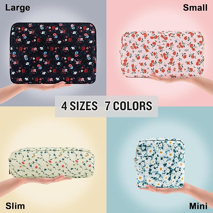 Nylon Mini Floral Makeup Bag for Purse, Small Cute Makeup Bag Preppy Cosmetic Zipper Pouch Purse, Waterproof Travel Coin Pouch Sanitary Napkin Storage Bag Makeup Organizer for Women(Navy Blue-Flower)