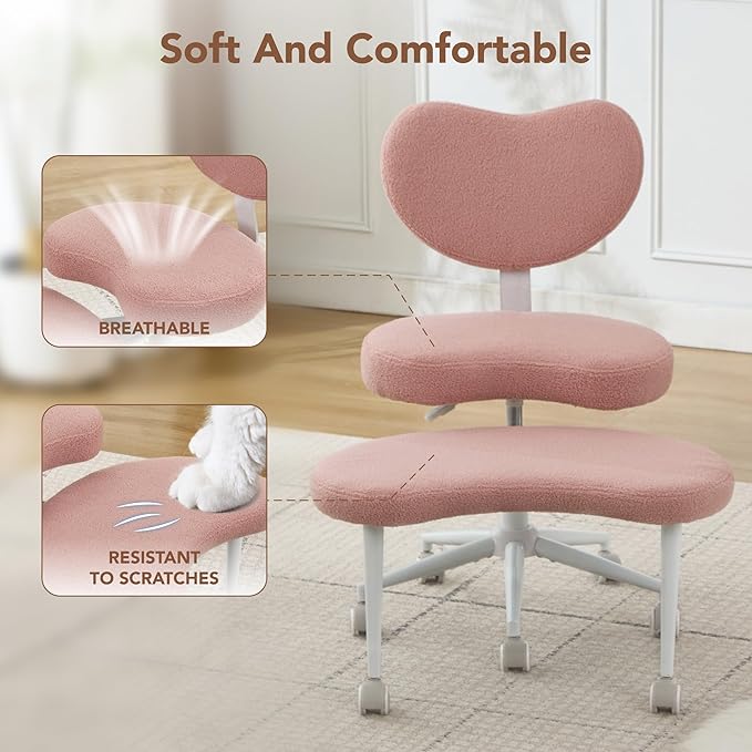 Cross Legged Chair with Wheels, ADHD Chair, Criss Cross Desk Chair with Lumbar Support and Adjustable Stool, Flexible Design for Fidgety Sitters (Pink)