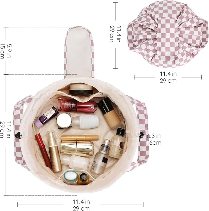 Narwey Barrel Drawstring Checkered Makeup Bag Large Cosmetic Bag Make up Bags Toiletry Bag Travel Bags for Toiletries Organizer for Women Gift for Teen Girls (Dusty Pink Checkerboard) (Patent)