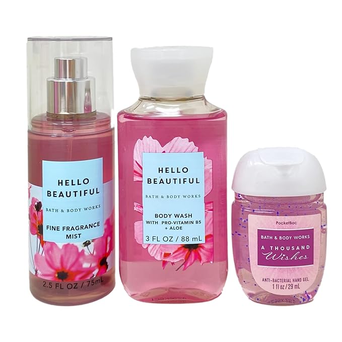 Bath & Body Works Hello Beautiful - Welcome Little One Gift Bag Set - Fragrance Mist, Body Wash and Hand Gel - with a Himalayan Salts Springs Sample Soap - Travel Size