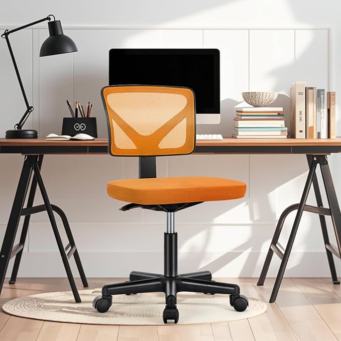 NEWBULIG Home Office Desk Chair, Armless Ergonomic Swivel Computer Chair with Wheels, Adjustable Height and Low-Back Mesh Design, Rolling Chair with Lumbar Support and Comfortable Seat, Orange