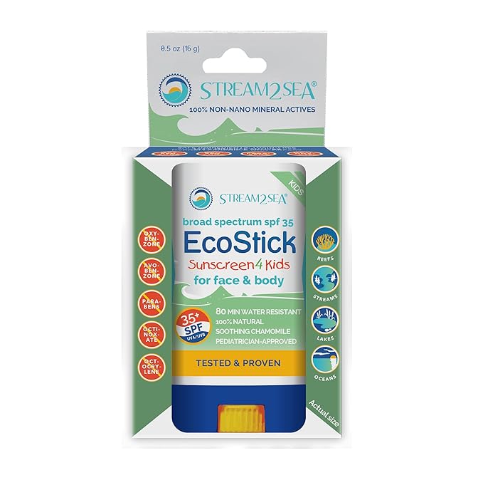 STREAM2SEA EcoStick SPF 35 Mineral Sunscreen Stick, Sweat Water Resistant Sunblock, USDA Approved Biodegradable Paraben Free Reef Safe Sunscreen Protection Against UVA UVB (EcoStick Kids) - 0.5 oz