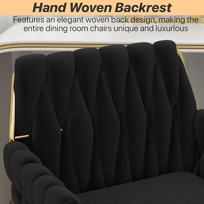Velvet Modern Home Office Vanity Chair, 360° Swivel Adjustable Height Makeup Desk Chair with Golden Base and Hand Woven Backrest for Bedroom/Study/Vanity (Black)