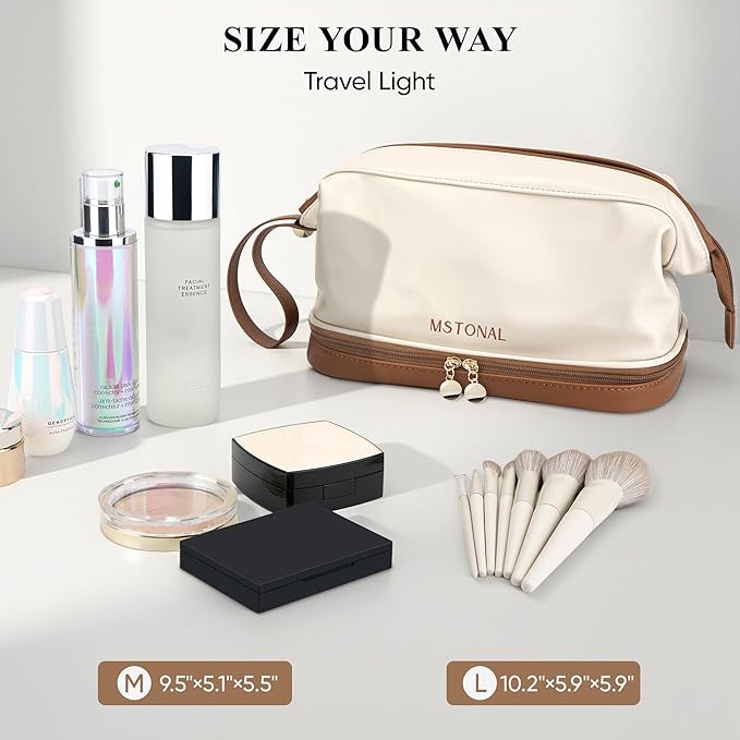 Travel Makeup Bag, Large Capacity Double Layer Cosmetic Bags for Women, Waterproof Portable Make Up Skincare Pouch with Makeup Brush Organizer, Toiletry Bag for Essentials, Beige & Brown